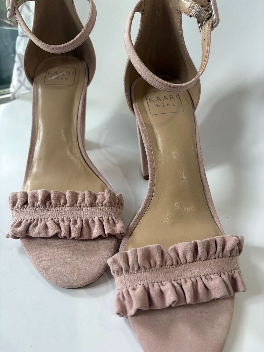 Kaari Blue Womens 8.5M Blush Pink Ruffle Ankle Strap Block Heel Sandals